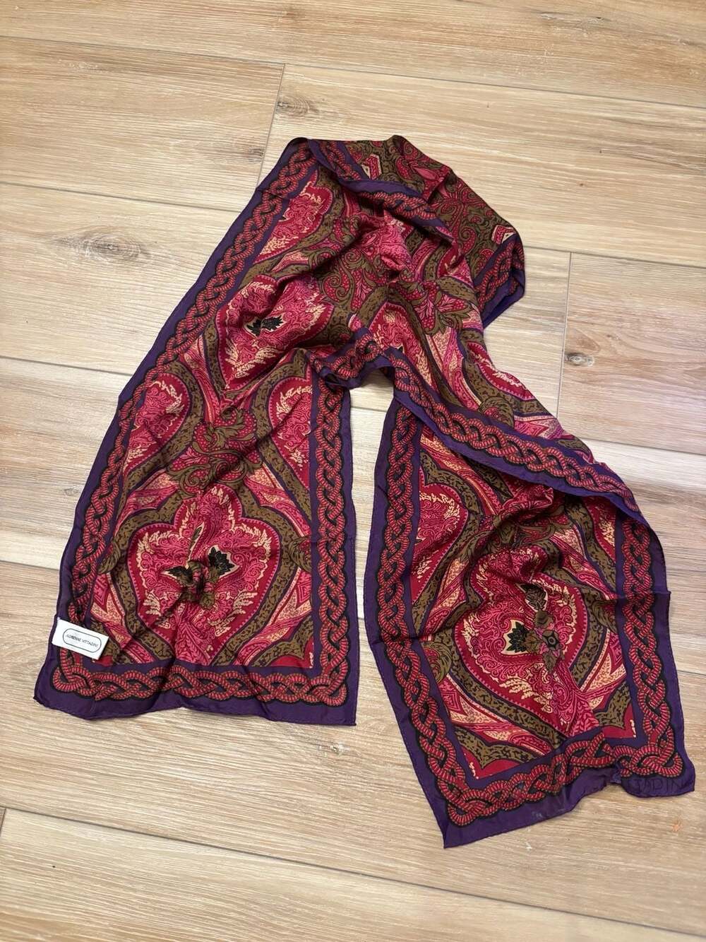 Adrienne Vittadini Vintage 100% Silk Purple and Pink Paisley Long Scarf